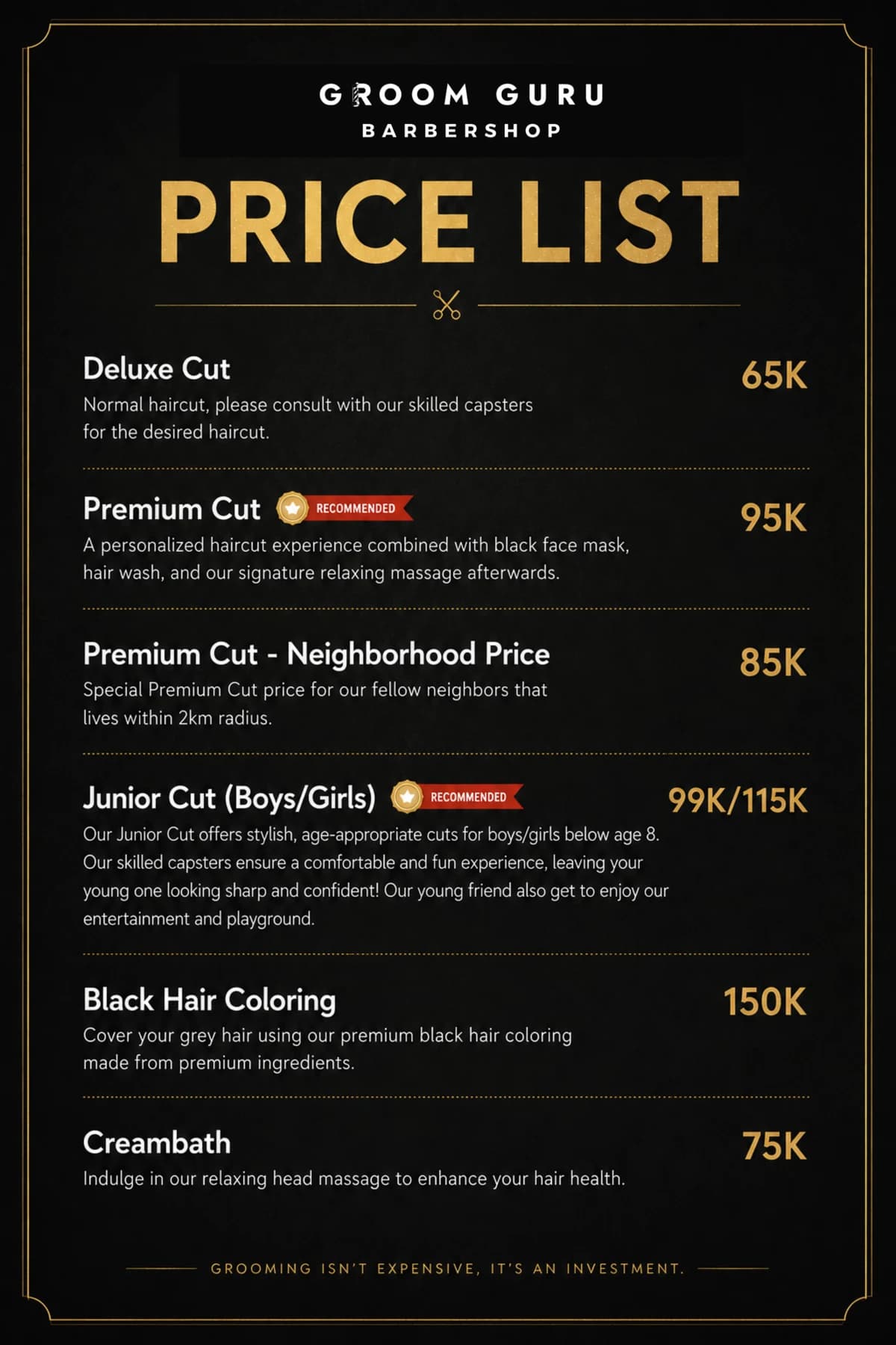 Groom Guru price list page 1